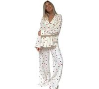 Gerrit Conjunto de Pijama de Las Mujeres de algodón Lindo corazón de impresión de Dos Piezas de Manga Larga Camisa de Botones con Pantalones de Pierna Ancha Set (Color : White, Size : X-Large)
