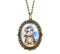 GeRRiT Precioso Reloj de Bolsillo con diseño de Gato, Relojes ovalados de tamaño pequeño con Colgante de Collar
