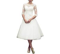 GeRRiT Registro de Vestidos de Novia de Mujer Apple Qué Línea a Blanca Corta 3/4 Vestidos de Novia de Manga Transparente Larga, Blanco 03, 48