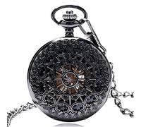 GeRRiT Reloj de Bolsillo Retro, Conjuntos de Regalos, diseño Hueco de Web Retro, Esqueleto Negro, Cuerda Manual mecánica, Conjunto de Caja con Colgante de Collar de Cadena