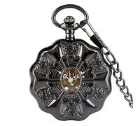 GeRRiT Reloj de Bolsillo Retro, Reloj de Bolsillo mecánico Negro de Cuerda Manual con Esfera Hueca con Pantalla de números Romanos Retro