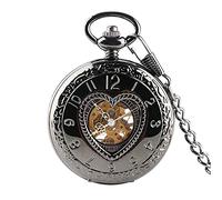 GeRRiT Reloj de Bolsillo Retro,Retro Negro Forma de corazón Half Hunter MechanicalSteampunk 30 cm Cadena Reloj Colgante de Bolsillo Regalo Hombres Mujeres