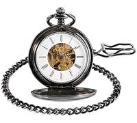 GeRRiT Reloj mecánico Retro de Doble Cara con números Romanos, Esqueleto, Reloj de Bolsillo Negro Liso, Colgante, Relojes de Bolsillo con Cadena para Hombres y Mujeres