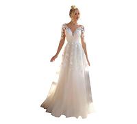 GeRRiT Vestido de Novia Vestido de Novia de Manga Larga V Cuello Vestido de Novia de Moda Civil, Blanco 22, 36