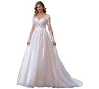 GeRRiT Vestido de Novia Vestido de Novia de Manga Larga V Cuello Vestido de Novia de Moda Civil, Blanco 15, 46