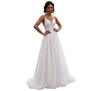 GeRRiT Vestidos de Novia de Encaje Femenino, Vestidos de Novia, Aplicaciones de Cuello V, Moda de Novia de Registro, Vestidos de Novia, Blanco 14, 44