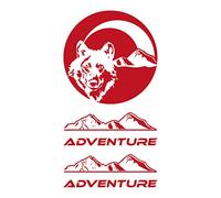 Gesar Adhesivo con Lobo, Montañas y 2 Piezas Adhesivo con Texto Adventure - Adhesivo para Coche y Caravana - Apto para Maletas Moto - Adhesivo Cabeza de Lobo (Rojo)