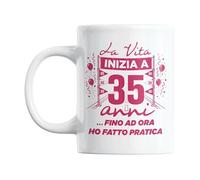 Gesar Taza 35 Años Mujer - Regalo Cumpleaños 35 Años - Idea Regalo Divertido 35 Cumpleaños - Gadget Mujer para Amica, Hermana, Hija o Nieta - "La vida comienza a los 35 años... Práctica"