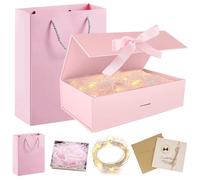 Geschenkbox mit Deckel,Geschenkbox mit Schleifen,Faltbare Geschenkbox,Geschenkkarton mit Magnetisch,Geschenkbox Set,Grußkarten,Raffia Hamper Shreds,LED-Lichterkette,für Hochzeit Geburtstag Weihnachten