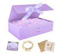 Geschenkbox mit Deckel,Geschenkbox mit Schleifen,Faltbare Geschenkboxs,Geschenkkarton mit Magnetisch,Grußkarten,Raffia Hamper Shreds,LED-Lichterkette,für Hochzeit Geburtstag Weihnachten