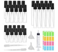 GESDYO 30 atomizadores de perfume de cristal, portátiles, recargables, mini atomizadores de perfume, 3 ml, 5 ml, 10 ml, cristal con adhesivo, cuentagotas, embudo y jeringa prensadora, adecuado para