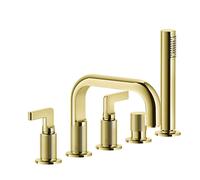 Gessi Inciso- Mezclador de borde de bañera de 5 agujeros con 2 manetas, caño de bañera de 193 mm, válvula desviadora separada, teleducha y manguera de ducha de 1,50 m, 58040246, Color: PVD de oro