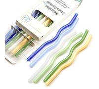 GET FRESH Pajitas de cristal reutilizables, 6 pajitas de cristal, coloridas, reutilizables, de vidrio de borosilicato irrompible, aptas para lavavajillas, pajitas de cristal onduladas para cócteles