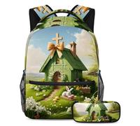 Get Set, Go - Juego de 2 mochilas escolares con estuche para lápices, la mejor opción para estudiantes ocupados, casa cruzada verde de Pascua, multicolor, B:29.4x20x40cm P:19x7.5x3.8cm, Mochilas de
