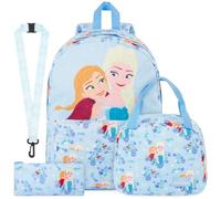Get Trend Disney Frozen Mochila Escolar Set, 4 Piezas con Mochila Niña de Pana, Estuche Pequeño, Bolsa Isotermica Porta Alimentos y Lanyard, Regalo para Niñas (Azul/Multi Frozen)
