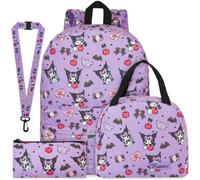 Get Trend Hello Kitty Kuromi Mochila Escolar Set, 4 Piezas con Mochila Niña de Pana, Estuche Pequeño, Bolsa Isotermica Porta Alimentos y Lanyard, Regalo para Niñas (Purple Kuromi)