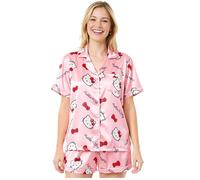 Get Trend Hello Kitty Pijama Corto Mujer, Kuromi Cinnamoroll Conjunto 2 Piezas con Camisa de Botones y Pantalones Cortos, Regalos Mujer (M Rosa Hello Kitty)