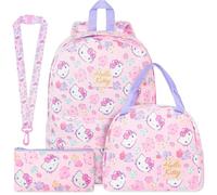 Get Trend Hello Kitty Sanrio Mochila Escolar Set, 4 Piezas con Mochila Niña de Pana, Estuche Pequeño, Bolsa Isotermica Porta Alimentos y Lanyard, Regalo para Niñas (Pink Hello Kitty)