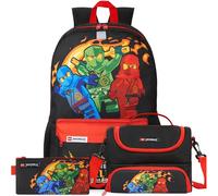 Get Trend Lego Ninjago Mochila Escolar Set de 3 Piezas con Grande Mochila Niño 46x32x16 cm, Estuche y Bolsa Isotermica, Regalo Niños (Roja/Negro Ninjago)