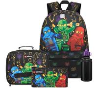 Get Trend Lego Ninjago Mochila Niño 4 Piezas, Grande Mochila Escolar Infantil 46cm con Estuche, Bolsa Térmica para Almuerzo y Botella de Agua 500 ml, Set Vuelta al Cole (Multi Lego)