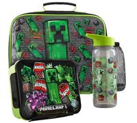 Get Trend Minecraft Bolsa Termica Infantil Aislante Set, 3 Piezas Lunch Bag Botella Agua 640ml y Bento Box con Compartimentos, Sin BPA, Ligero y Resistente, para Colegio Picnic (Verde/Multi Minecraft)