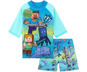 Get Trend Minecraft Conjunto de Bañador Niño Bañador Natacion Adolescente Set de Baño 2 Piezas Camiseta y Pantalones Cortos (11-12 Años, Minecraft Azul/Verde)
