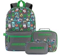 Get Trend Minecraft Mochila Niños, Set 3 Piezas, Estuche Escolar y Bolsa Almuerzo, Mochila Escolar Completa para Colegio y Ocio, Regalo Niños (Gris/Verde Minecraft)