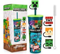Get Trend Minecraft Vaso Termico Acero Inoxidable con Pajita 600 ml | Taza Termica con Tapa de Rosca, 4 Toppers Pixelados, sin BPA, Frío 12 h, Doble Pared, Acabado Brillante y Cepillo de Limpieza