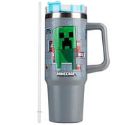Get Trend Minecraft Vaso Térmico con Pajita Asa y Tapa para Niños, Creeper Taza de Viaje, Acero Inoxidable, Doble Pared, 840 ml, Bebidas Frías o Calientes (Gris Minecraft)