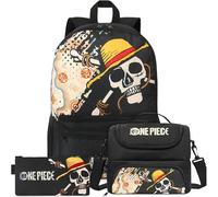 Get Trend One Piece Mochila Escolar Set de 3 Piezas con Mochila Niño 46x32x16 cm, Estuche Escolar Pequeña y Bolsa Isotermica Porta Alimentos, Regalo Niños (Negro/Multi One Piece)