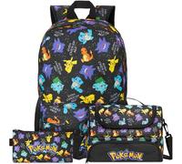 Get Trend Pokemon Mochila Escolar Set de 3 Piezas con Grande Mochila Niño 46x32x16 cm, Estuche y Bolsa Isotermica, Regalo Niños (Negro/Multi Pokemon)