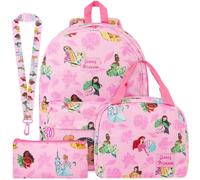 Get Trend Princesas Disney Mochila Escolar Set, 4 Piezas con Mochila Niña de Pana, Estuche Pequeño, Bolsa Isotermica Porta Alimentos y Lanyard, Regalo para Niñas (Rosa/Multi Princess)