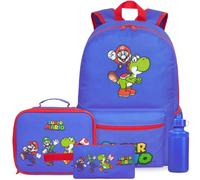 Get Trend Super Mario Mochila Niño 4 Piezas, Grande Mochila Escolar Infantil 46cm con Estuche, Bolsa Térmica para Almuerzo y Botella de Agua 500 ml, Set Vuelta al Cole (Azul Super Mario)