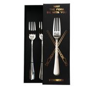 getDigital May The Fork Be With You - Juego de 2 tenedores de mesa de acero inoxidable con texto en alemán SciFi para geeks y nerds, apto para lavavajillas (20,5 cm)