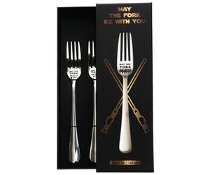 getDigital May The Fork Be With You - Juego de 2 tenedores de mesa de acero inoxidable con texto en alemán SciFi para geeks y nerds, apto para lavavajillas (20,5 cm)