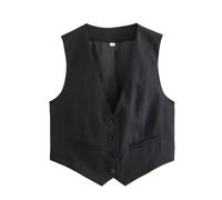 GETMINT Chaleco corto para mujer, cuello en V, con botones, a la moda, sin mangas, para negocios, trabajo, oficina, color liso, chaquetas elegantes, Negro, S