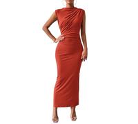 GETMINT Vestido formal fruncido ajustado para mujer, sin mangas, abertura en la espalda, elegante, para invitada de boda, cóctel, vestido largo, Naranja y rojo., M