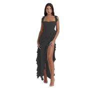 GETMINT Vestido largo entallado con tirantes delgados y abertura alta para mujer, cuello cuadrado, espalda descubierta, vestido de fiesta, club, vestido de noche, Negro, XL