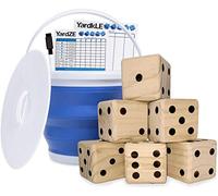 GetMovin' Sports juego de dados gigantes de madera para jugar con cubo de rollo y tarjeta de puntuación, juego de patio de césped al aire libre - incluye 6 dados, borrado en seco, tarjeta de
