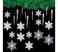 GETRICH 42 Piezas Adornos de Copos de Nieve de Cristal, 20 Piezas Copos de Nieve Decoracion Navidad con 20 Piezas Acrílico Carámbanos y 2 Rollos Hilo Elástico Transparente para Árbol de Navidad