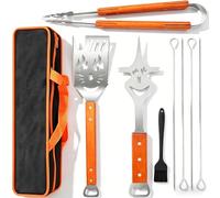 GETRWLBN Juego de Utensilios para Barbacoa GETRWLBN de 9 Piezas | 7 en 1 multifuncional Mango de Madera,Espátula,Pinzas,Tenedor y Pincel de Aceite,Incluye Bolsa Almacenamiento