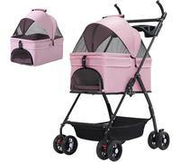 GETSTREE Cochecito Plegable for Mascotas de 4 Ruedas, for Perros medianos pequeños y Gatos de hasta 45 Libras, cochecitos multifunción con portavasos Desmontable(Pink)