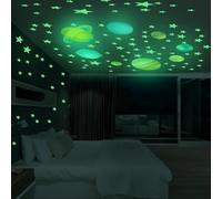 Gettimore 100 calcomanías de pared que brillan en la oscuridad planetas y estrellas para habitación de niños, dormitorio, decoración de techo, calcomanías luminosas del sistema solar para fiestas de