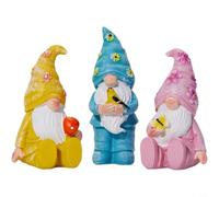 Gettimore Juego de 3 gnomos de jardín de resina, estatuas de hadas europeas caprichosas para patio al aire libre, hechos a mano con detalles de hongos y pájaros, decoración (color)