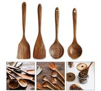 Gettimore Juego de cucharas de madera de 4/6/8 piezas para cocinar, cucharón de sopa de arroz de mango largo, espátula de madera natural y cuchara colador compatible con sartenes antiadherentes