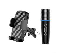 Gettimore Micrófono de karaoke para coche con soporte para teléfono, reducción de ruido con un solo botón, opción de micrófono doble, compacto 13,2 x 8 x 15,3 cm para cantar llamadas manos libres