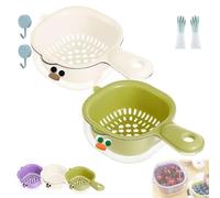 Gettoreach Draining Basket, Kitchen Dual-Layer Draining Basket with Handle, Fruit Vegetable Plastic Drainer Bowl, for Washing Various Fruits Vegetables (Green-White,2pcs)