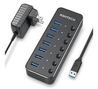 Getue RSHTECH USB 3.0 Hub 7 Port Powered USB Hub Expander Aluminum USB 3.0 Data Port hub with Universal 5V AC Adapter and Individual On/Off Switches USB Splitter for Laptop and PC(Black)