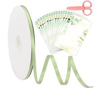 Getyjoe 91 m de cinta verde de regalo de 6 mm de ancho, de regalo verde salvia fina cin ta de seda con 1 tijeras rosas y 30 tarjetas de felicitación para bodas, Navidad, regalo, decoración
