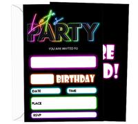 Geuro Invitación de cumpleaños con sobres con luz de neón para niña, niño, adolescente, niño, fiesta de arco iris, 20 unidades